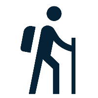 Icon of a person hiking with a backpack and walking stick.