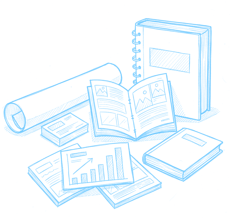 An illustration of various printed materials, including a rolled-up sheet, an open magazine, a closed notebook, a spiral-bound notebook, and printed charts with graphs, all in blue.