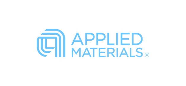 Logo of Applied Materials with blue geometric symbol and text on black background.