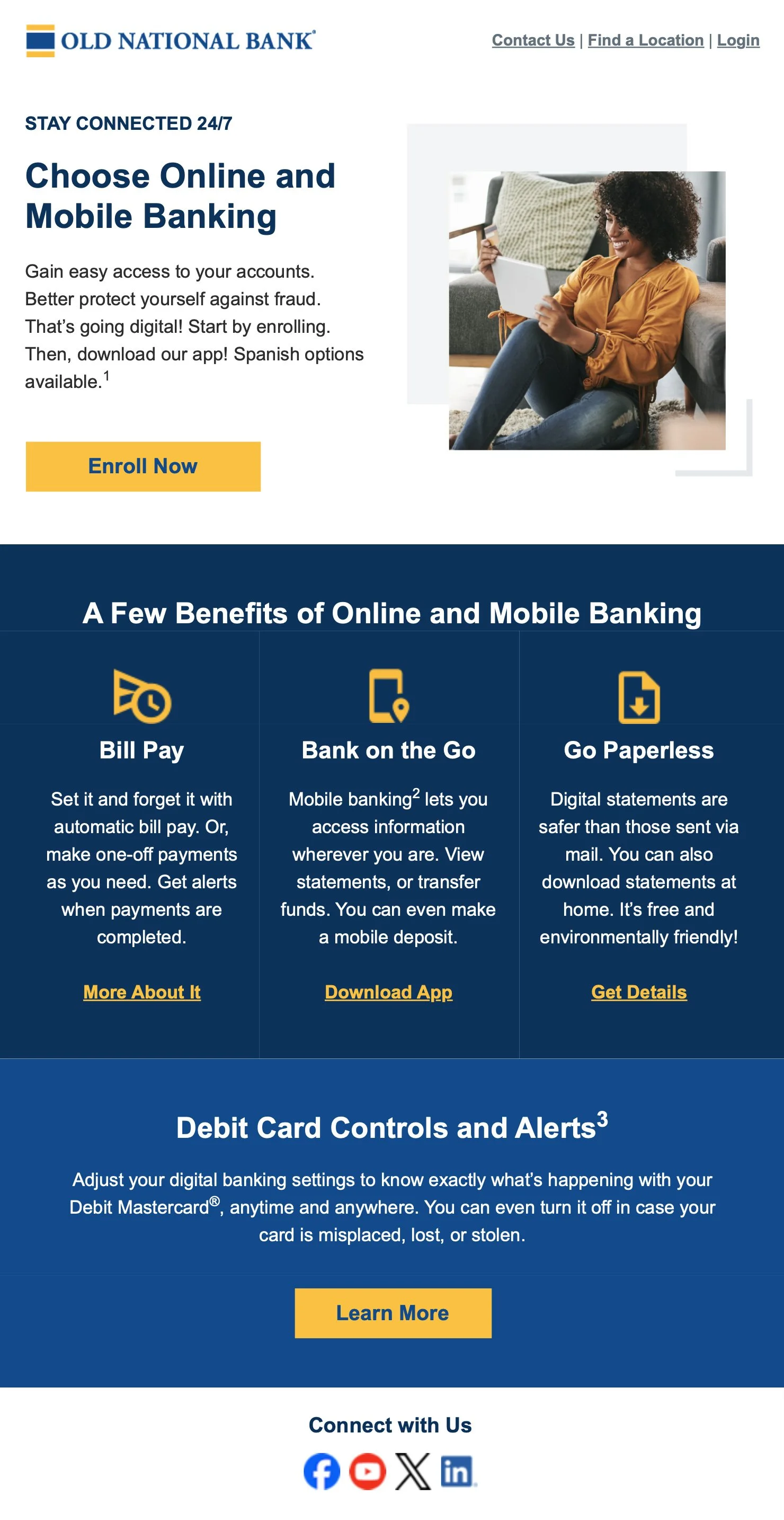 Online banking advertisement for Old National Bank promoting digital banking services, with a woman smiling and using a tablet, and sections detailing benefits like bill pay, mobile deposits, and digital controls.