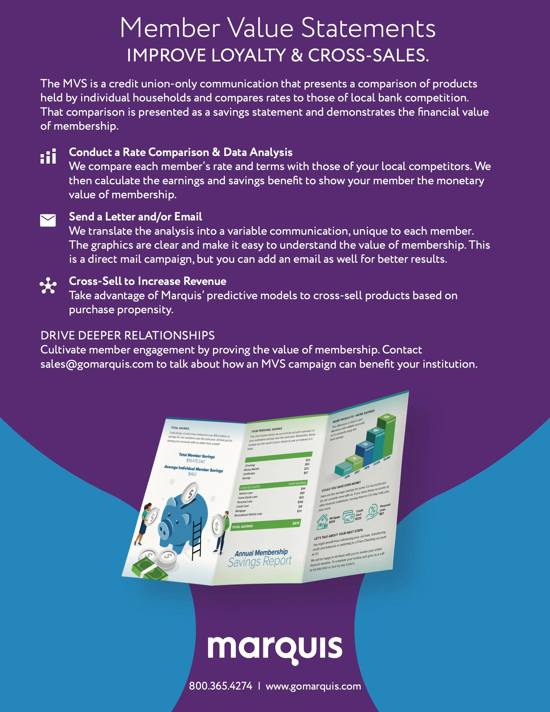 A flyer with purple background titled "Member Value Statements: Improve Loyalty & Cross-Sales," describing services such as rate comparison, email communication, cross-selling, and cultivating member engagement, with company contact information and a partial image of a savings report at the bottom.