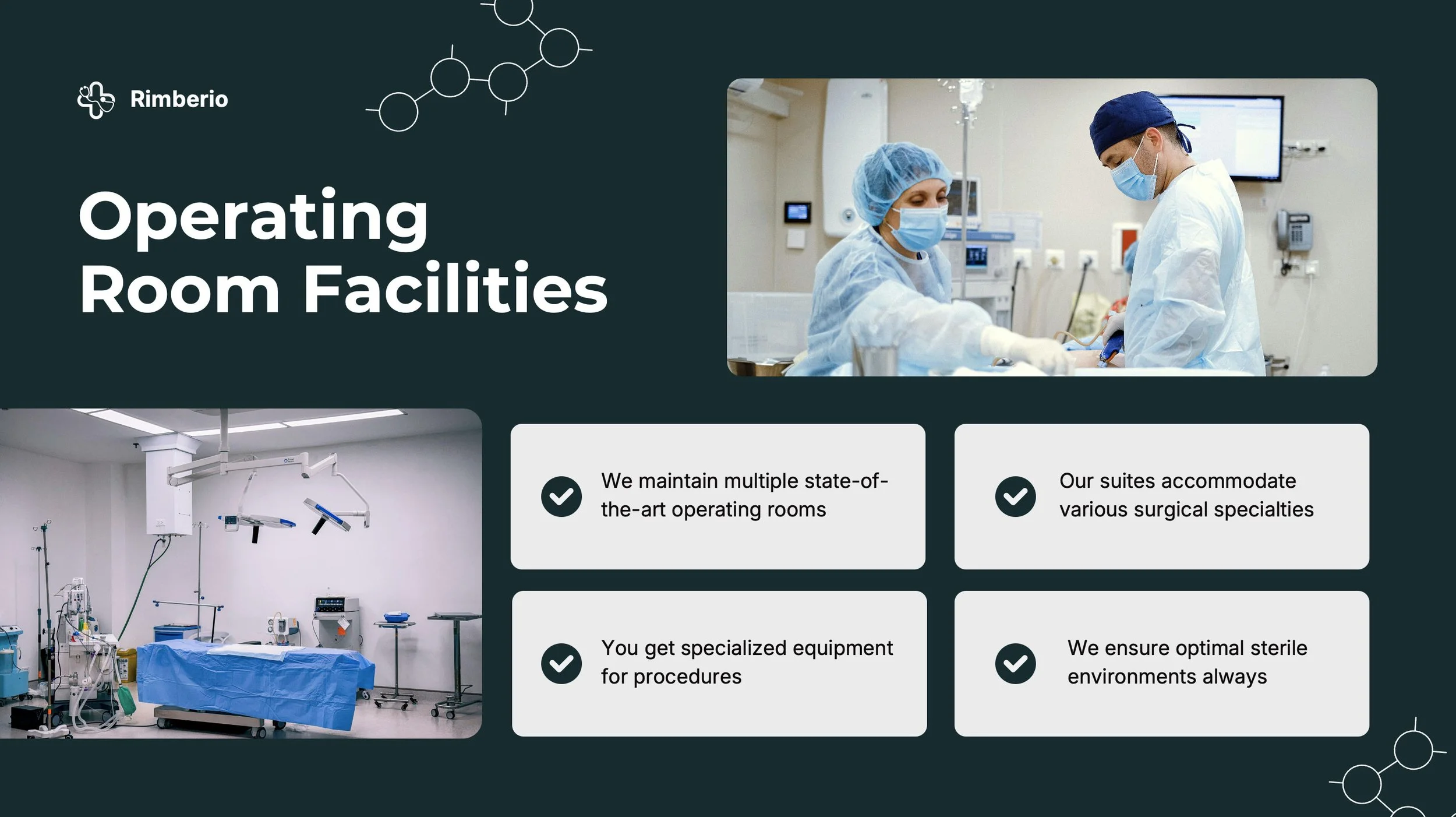 A digital display of operating room facilities showing two medical professionals in surgical attire, an image of an operating room with medical equipment, and four text-enabled checkmarks outlining features like multiple operating rooms, specialized equipment, and sterile environments.