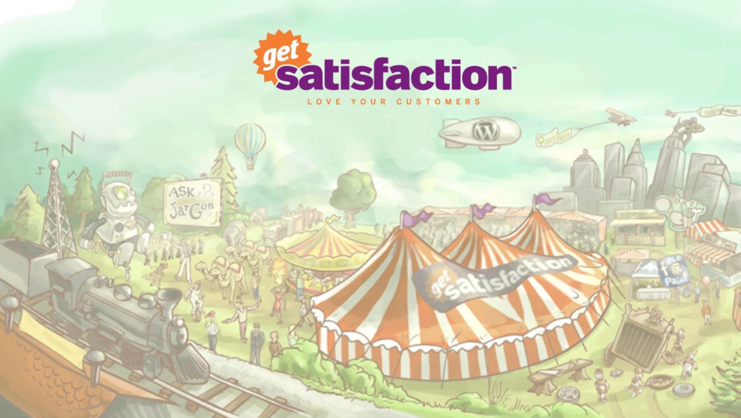 A colorful, cartoon-style festival scene with a large striped tent labeled 'Get Satisfaction,' a steam train on tracks, a robot with sunglasses, hot air balloons, and various booths and people enjoying the event.