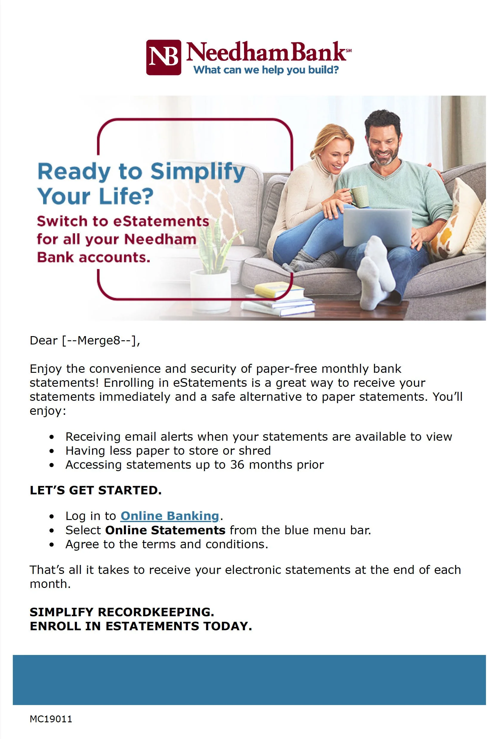 A Needham Bank advertisement promoting eStatements with a photo of a cheerful couple sitting on a sofa, using a laptop and holding a mug, in a cozy living room setting.