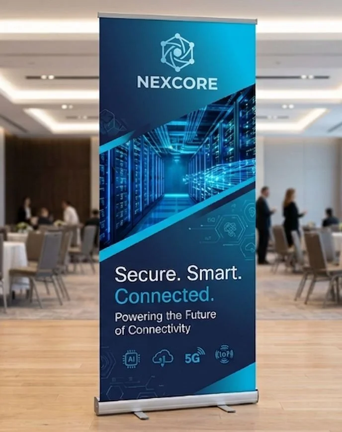 A vertical banner at a conference with the NEXCORE logo at the top, a graphic of data servers, and text that reads "Secure. Smart. Connected. Powering the Future of Connectivity," along with icons for AI, cloud, 5G, and IoT.