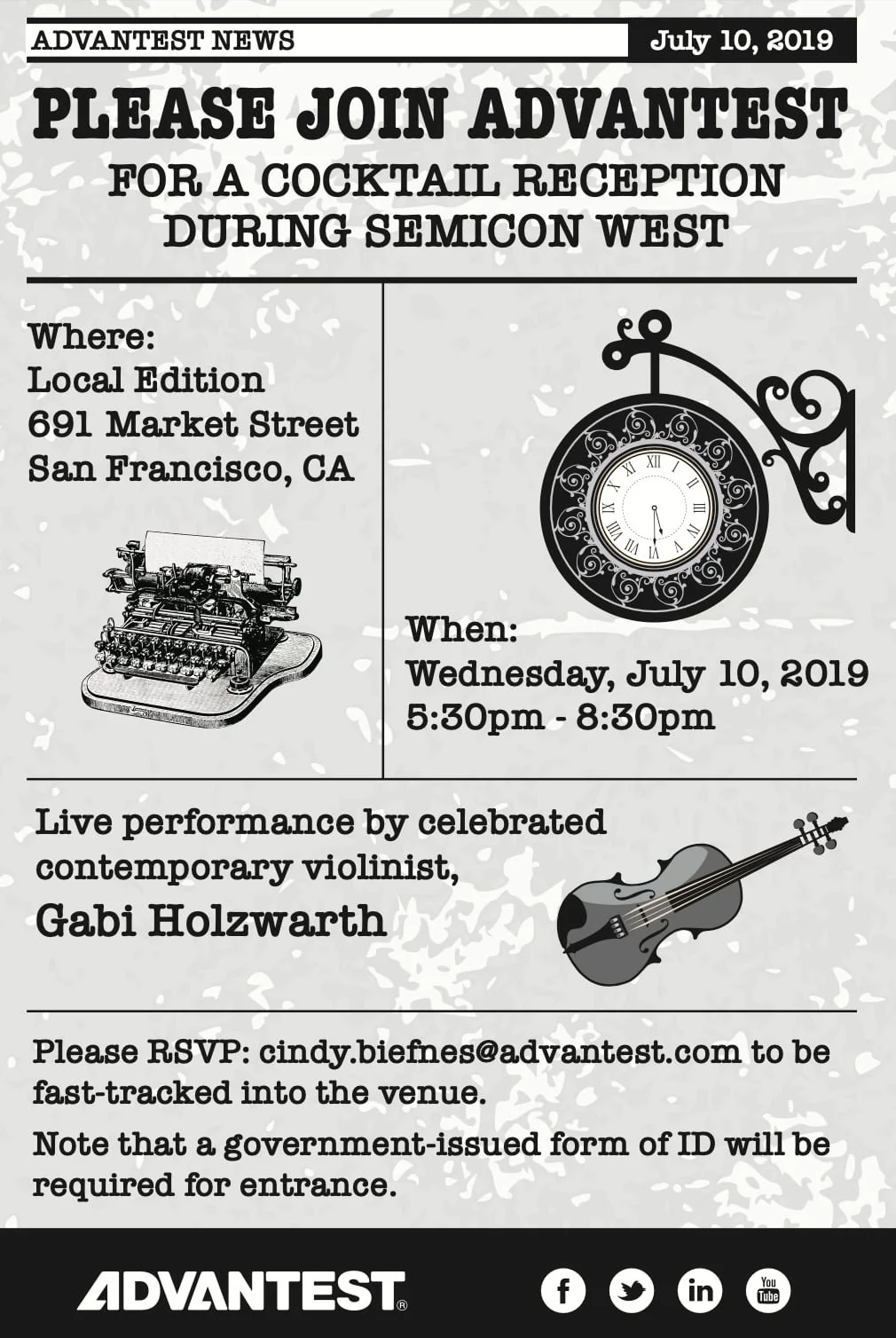 Event flyer for a cocktail reception during Semicon West on July 10, 2019, at 691 Market Street, San Francisco, CA, from 5:30 pm to 8:30 pm. The flyer features a vintage clock and a violin illustration, and text about live performance by violinist Gabi Holzwarth. RSVP details and note about ID requirements are included.
