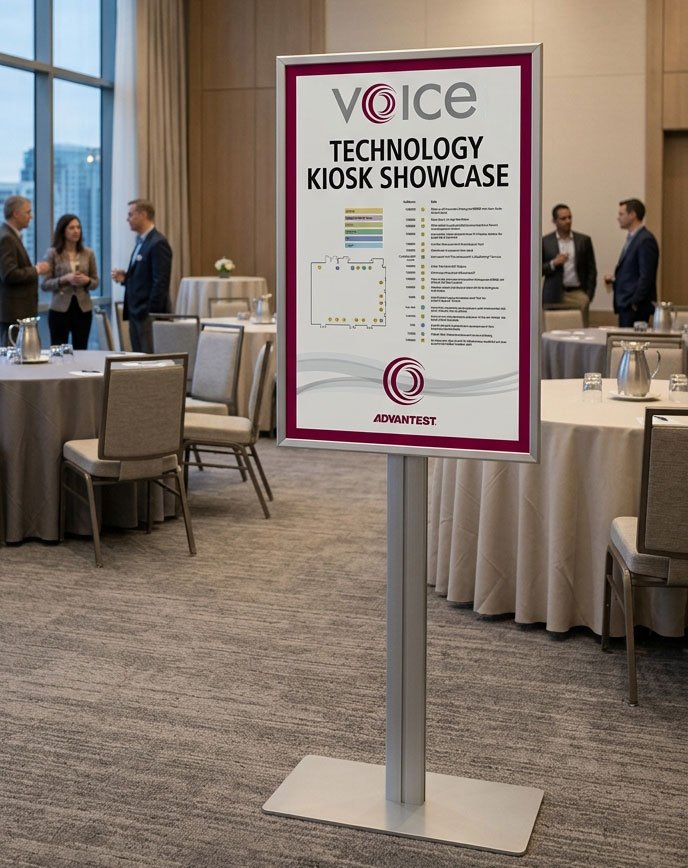 Sign for the VOICE Technology Kiosk Showcase at a conference, with people talking in the background inside a conference room with round tables and chairs.