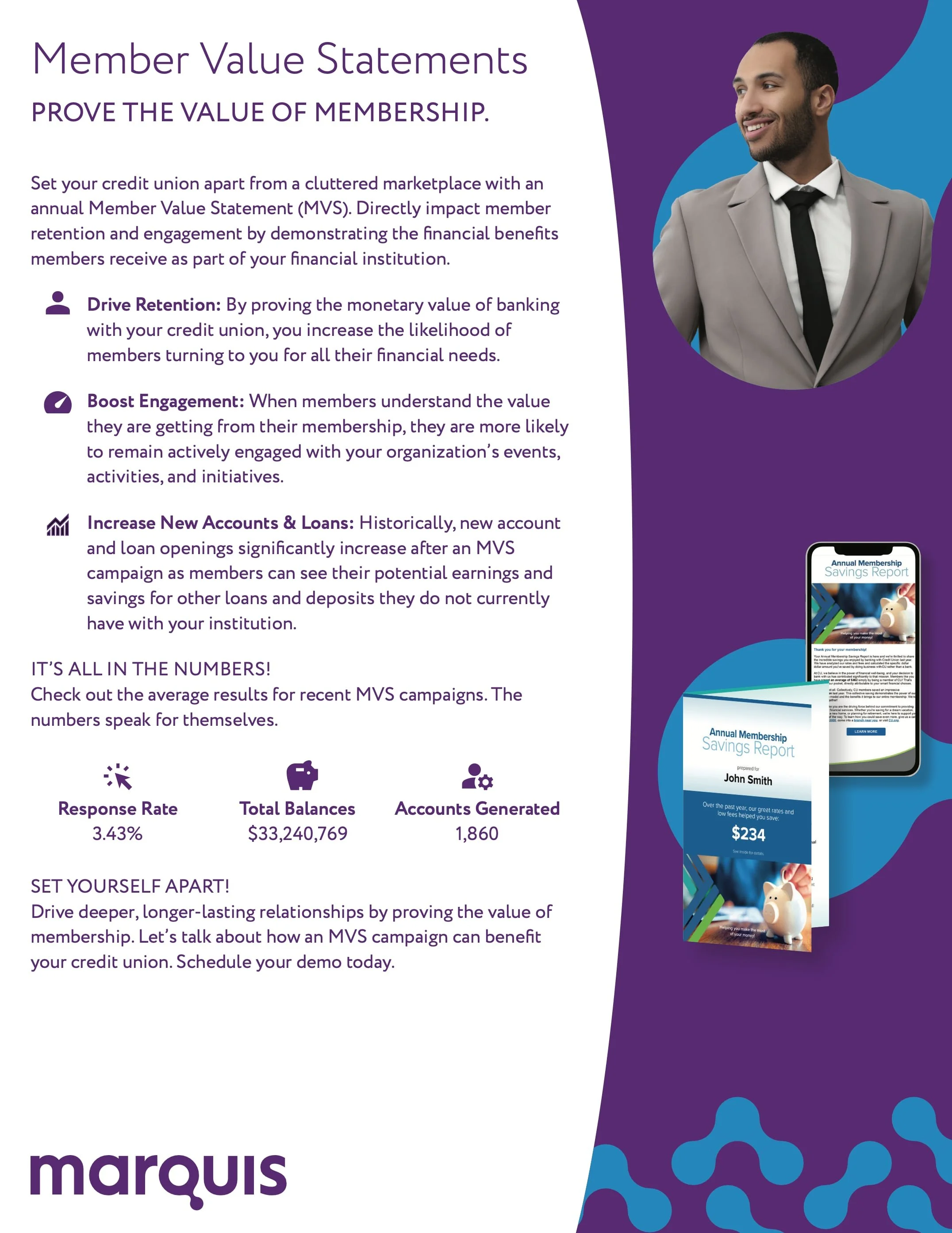 A flyer explaining the benefits of Member Value Statements for credit unions, including sections on Drive Retention, Boost Engagement, and Increase New Accounts & Loans, with statistics on response rate, total balances, and accounts generated. The flyer features a man in a suit smiling, with images of a mobile phone and printed material, and has a Marqui logo at the bottom.