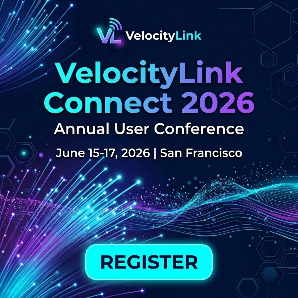 Digital graphic for VelocityLink Connect 2026, an annual user conference held June 15-17, 2026 in San Francisco. The graphic features blue and purple hues with futuristic light streaks and hexagonal patterns, and includes a bright blue 'Register' button.