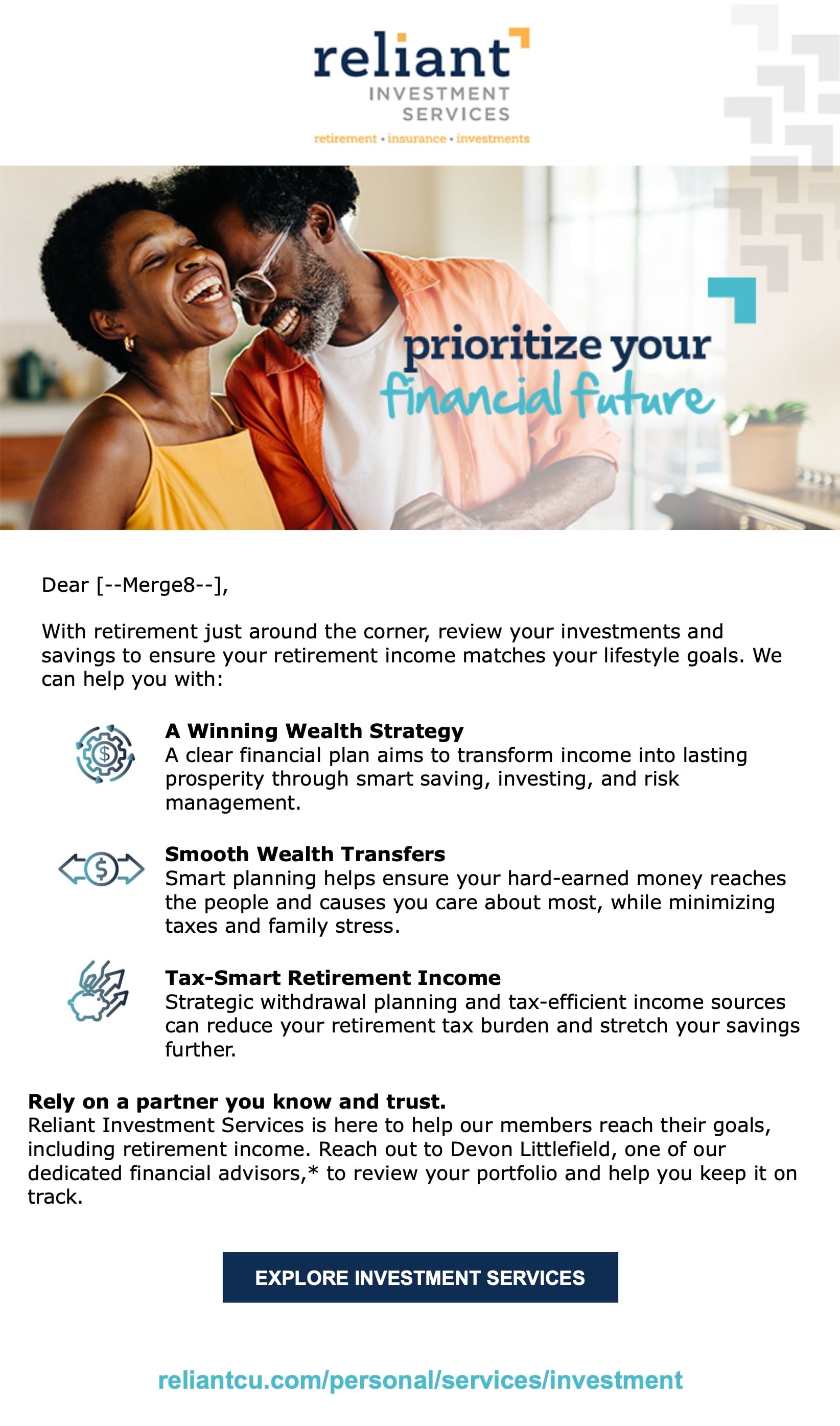 A smiling older woman and man in casual clothing laughing together indoors, with a text overlay that says 'prioritize your financial future' and a logo for Reliant Investment Services at the top.