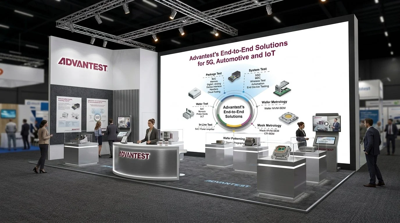 Display booth at a trade show with large digital screen showing Advantest's end-to-end solutions for 5G, automotive, and IoT testing; several smaller exhibits and people engaging with the displays.