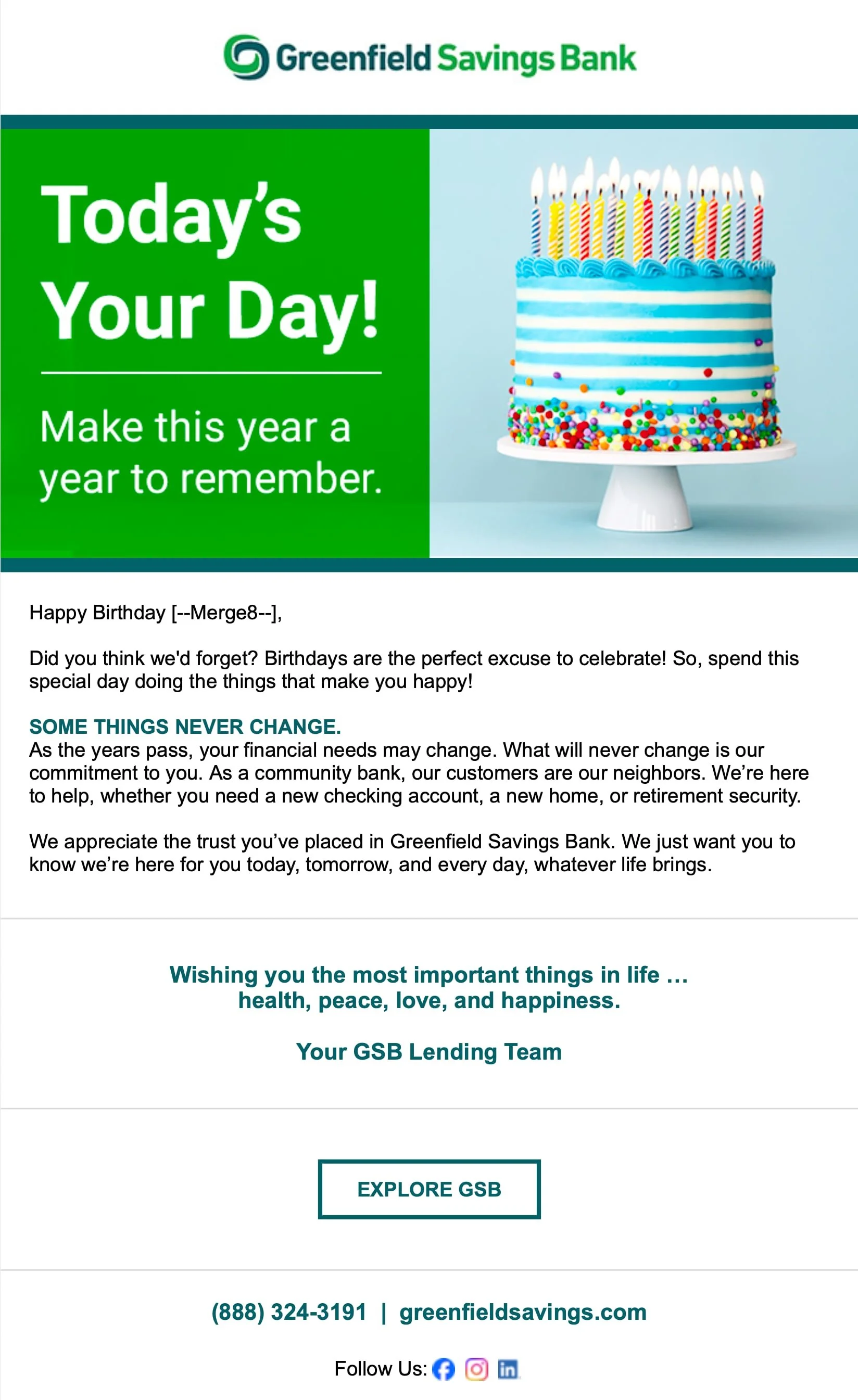 A Greenfield Savings Bank birthday greeting featuring a large birthday cake with blue and white stripes, colorful sprinkles, and lit candles. The message reads 'Today's Your Day! Make this year a year to remember'.