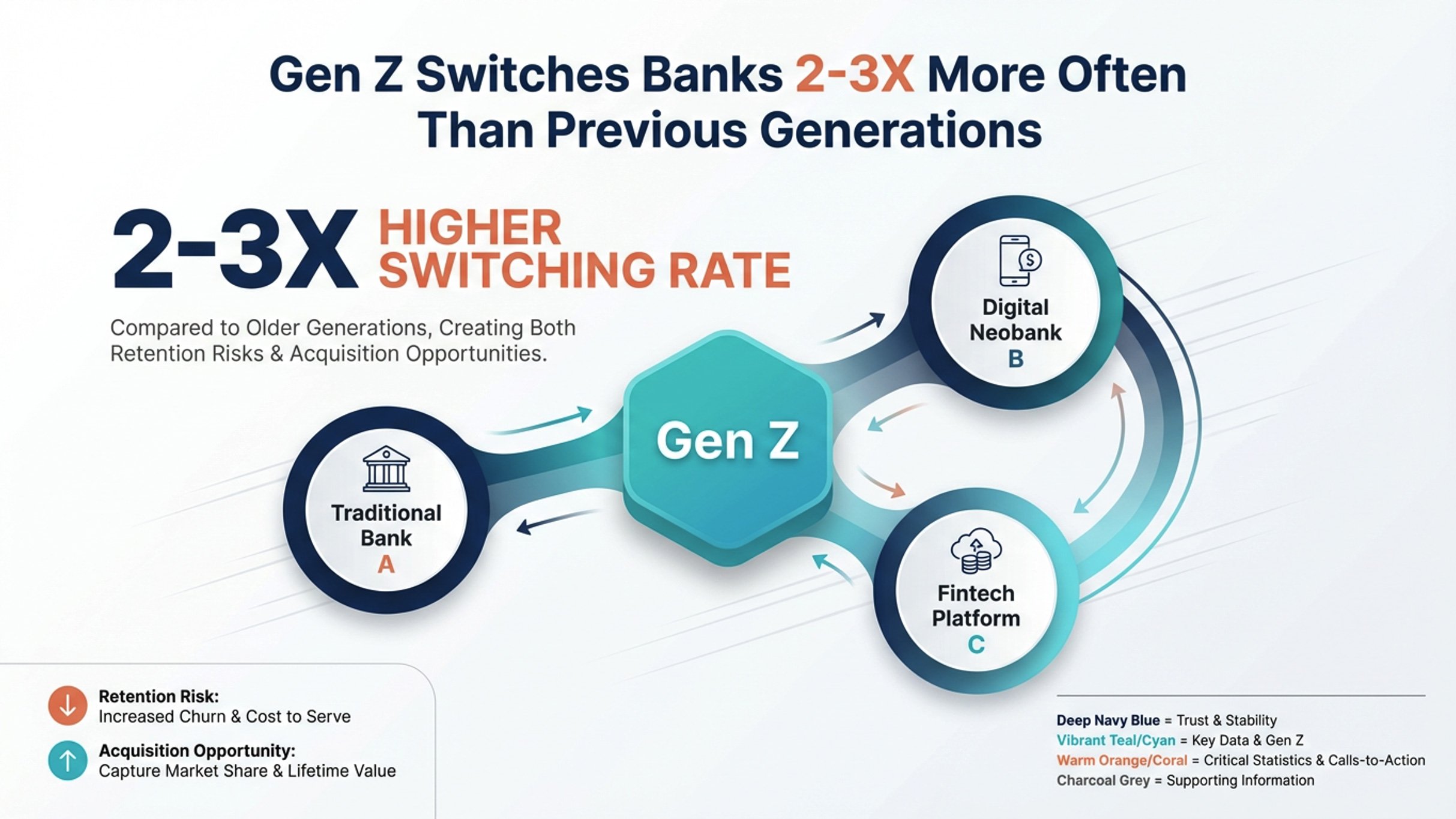 Diagram showing Gen Z switching banks 2 to 3 times more often than previous generations, creating retention risks and acquisition opportunities. The diagram compares Traditional Bank A, Digital Neobank B, and Fintech Platform C, with arrows indicating flow and relationships among them. Color coding indicates trust, stability, data, statistics, and supporting information.