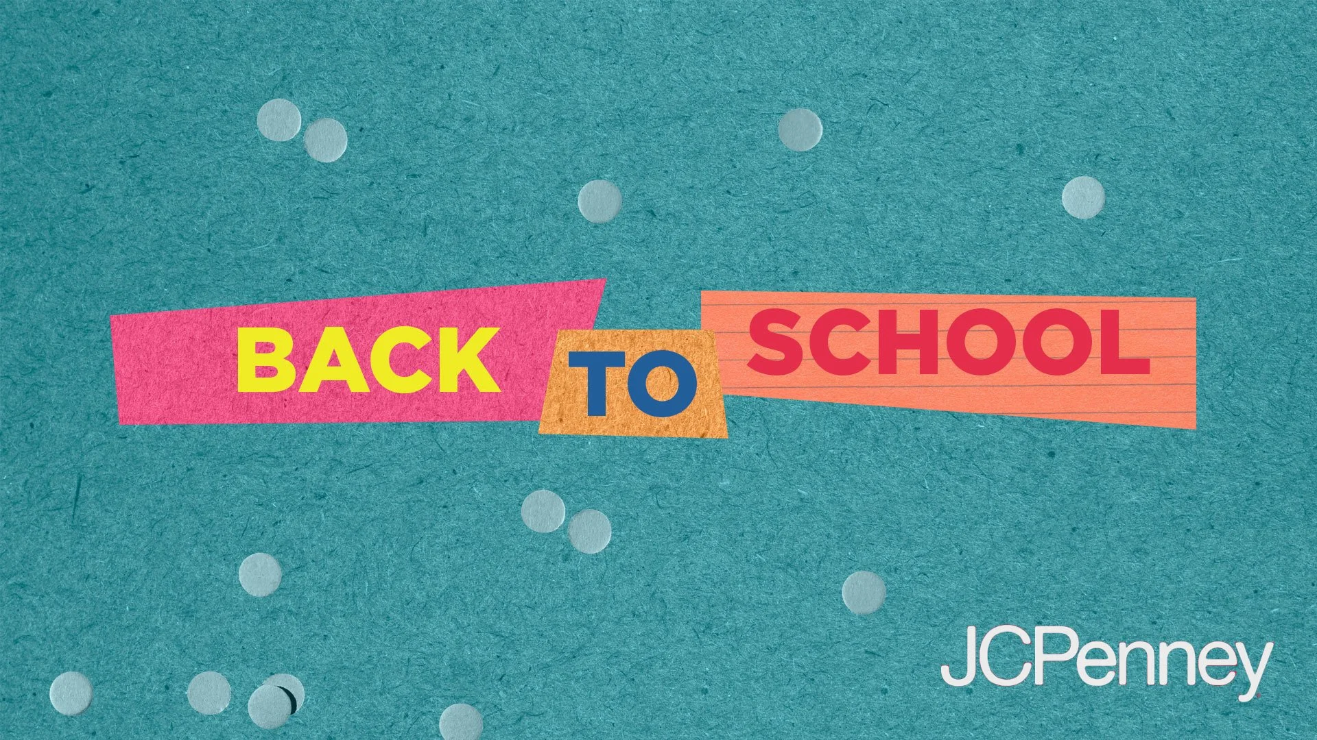 Colorful graphic with the words 'Back to School' on a teal background with white polka dots, and the JCPenney logo in the lower right corner.