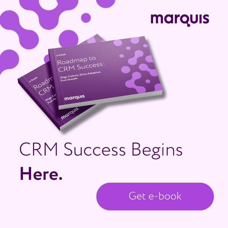 A digital advertisement for a book titled 'Roadmap to CRM Success'. The ad features two copies of the e-book with a purple and lavender abstract design in the background. The text states 'CRM Success Begins Here' and includes a purple button labeled 'Get e-book'.