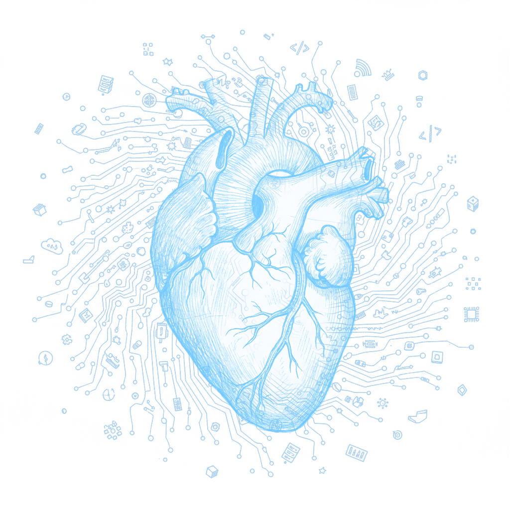 Digital illustration of a human heart filled with various technological icons and patterns, representing the intersection of biology and technology.