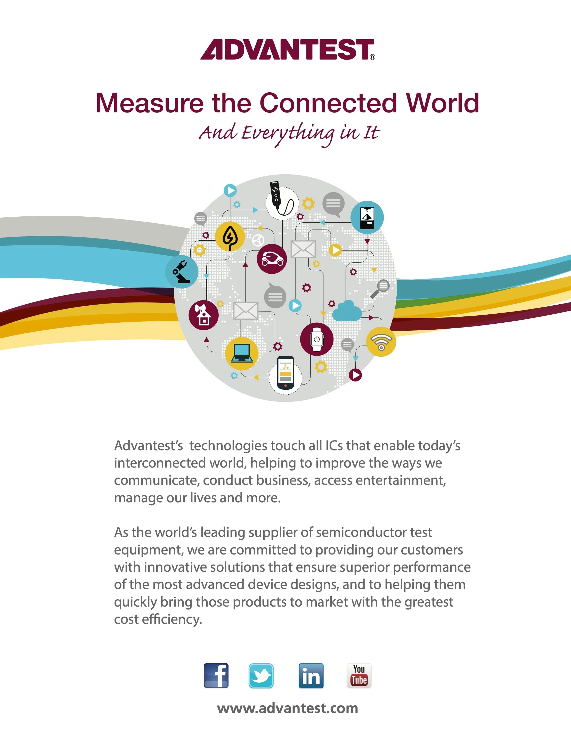Brochure for Advantest highlighting their technology connecting the world, with icons representing devices and communication technology, and social media links at the bottom.