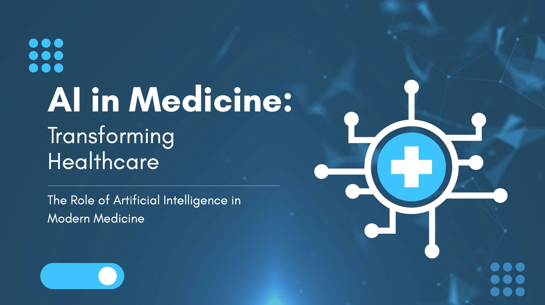 Title slide for a presentation or report on AI in Medicine, with the subtitle 'Transforming Healthcare' and a graphic of a medical cross within a network of connected nodes.