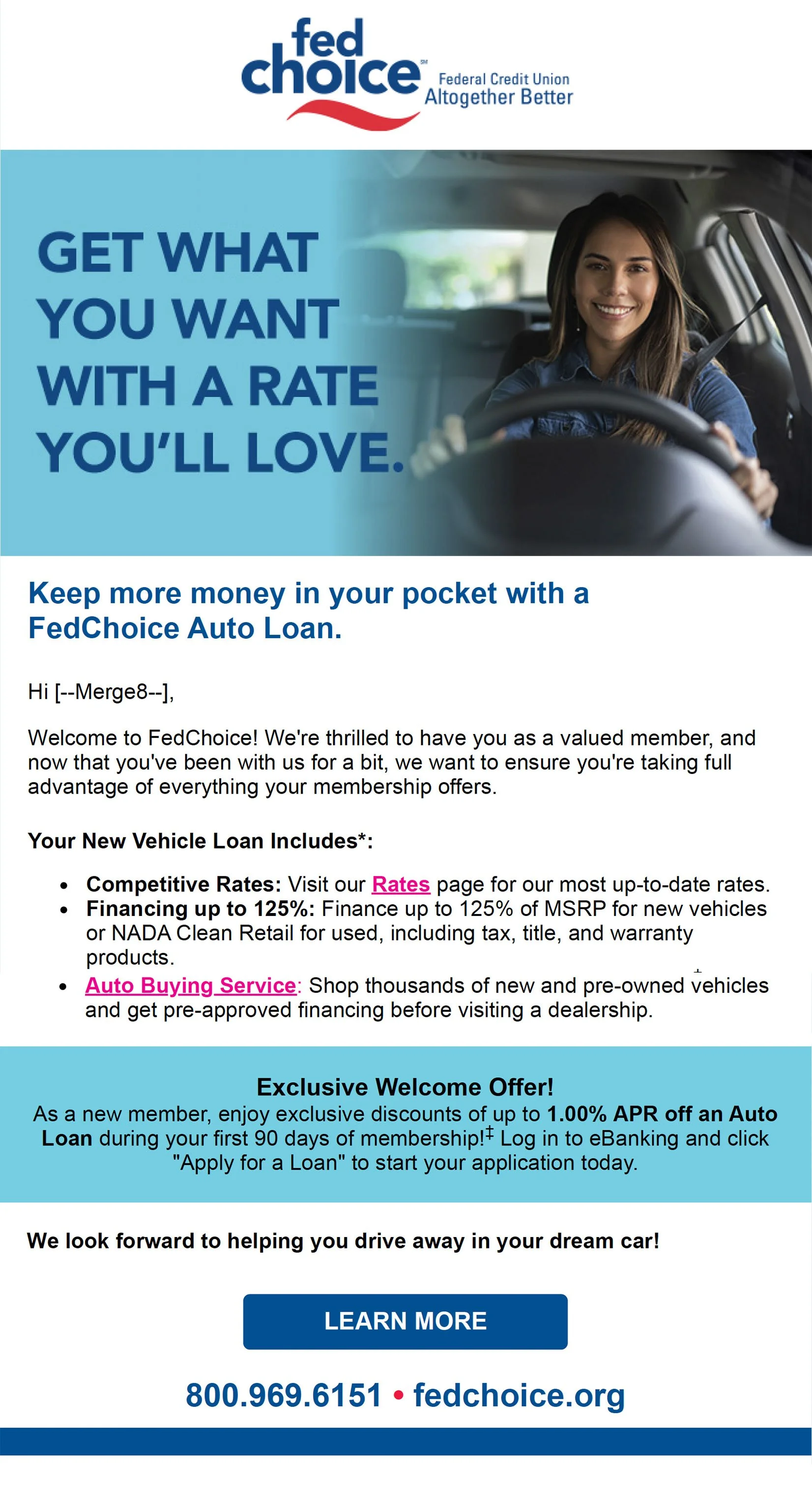 Advertisement for FedChoice Auto Loans featuring a smiling woman driving a car, with promotional text about auto loans, rates, and special offers.
