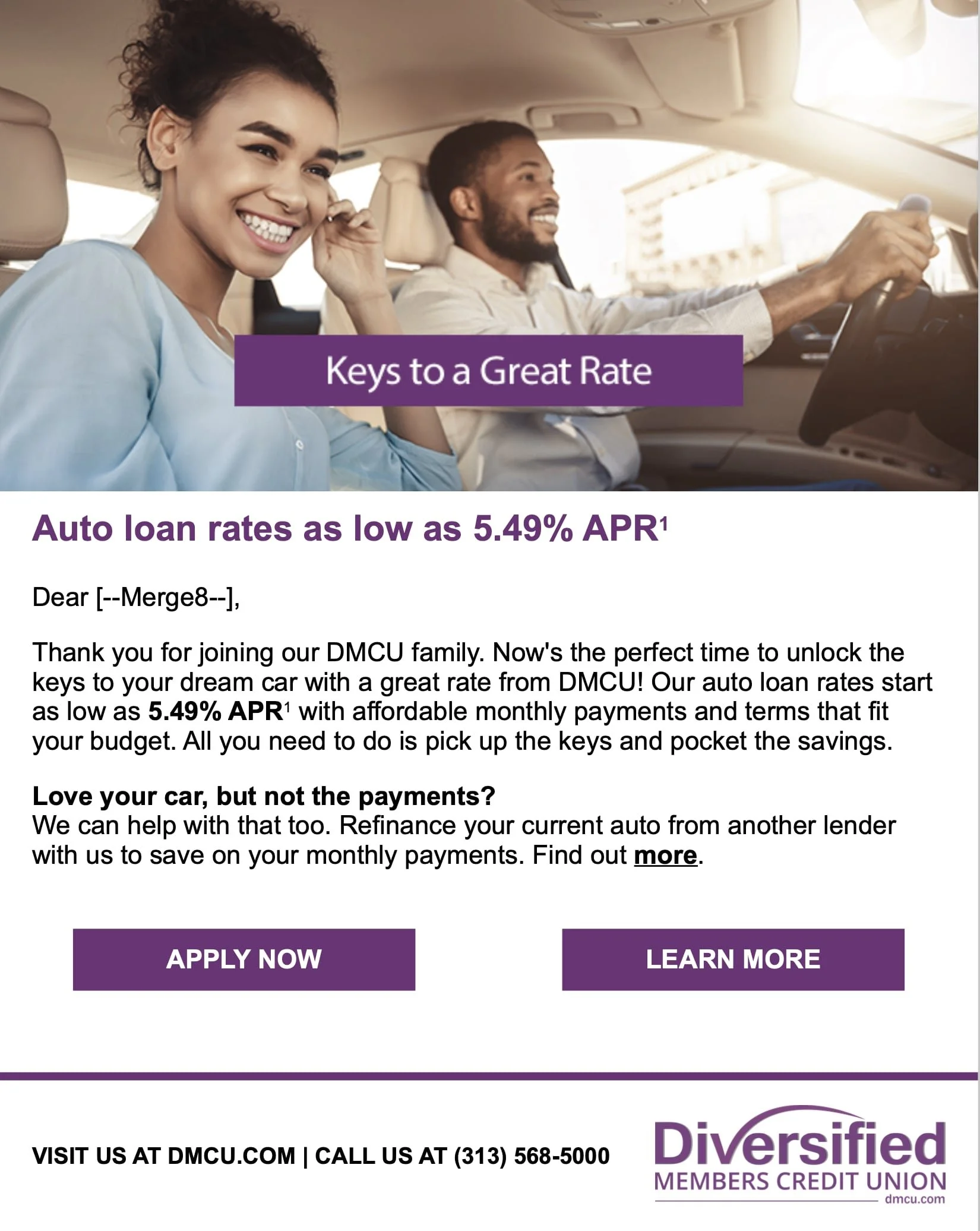 A smiling woman and a man driving a car with a city street view outside the window, promoting auto loan rates from Diversified Members Credit Union.