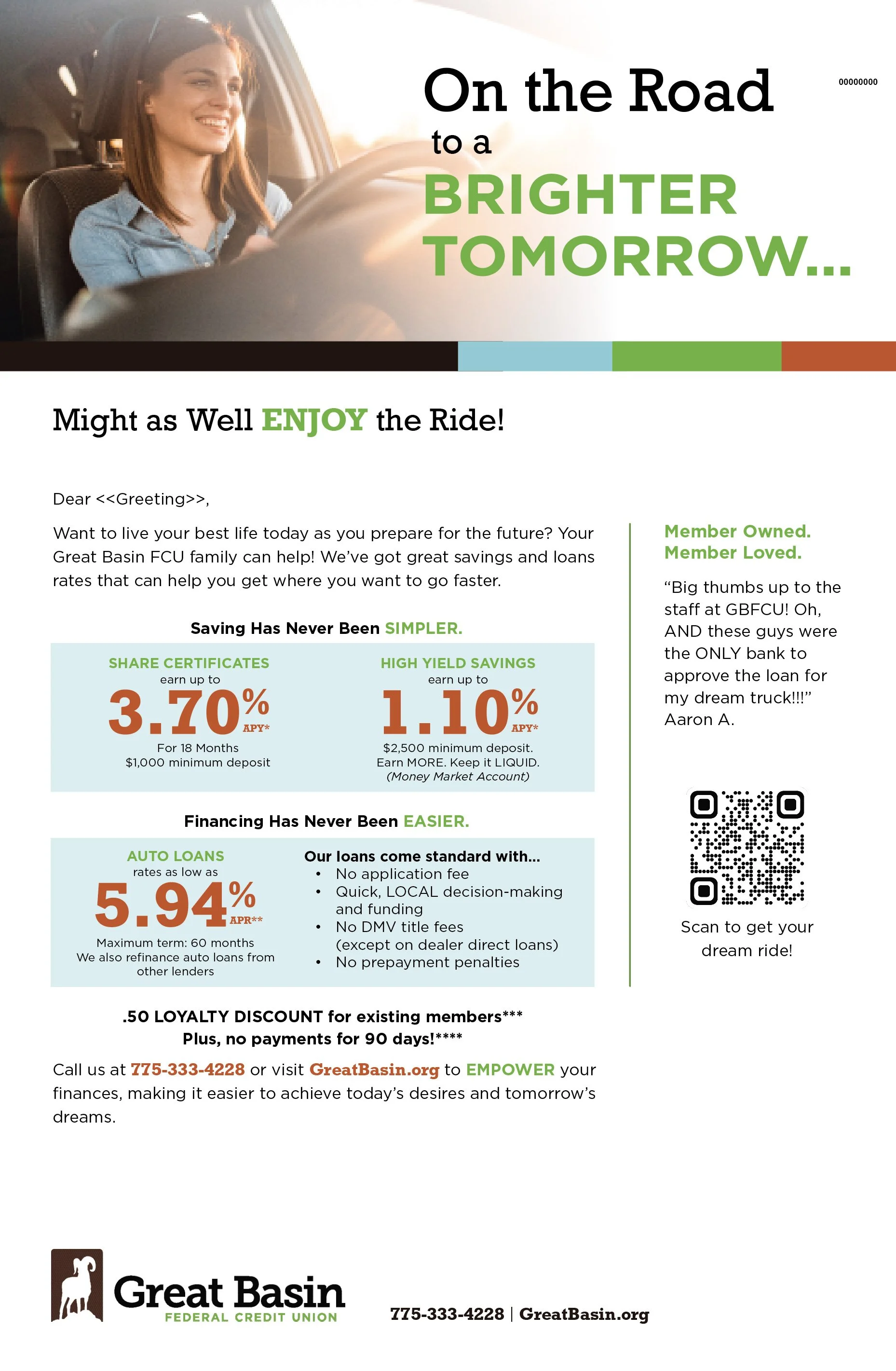 A flyer for Great Basin Federal Credit Union promoting financial products and services, featuring a smiling woman driving, with text about savings, loans, and member discounts, and a QR code for more information.