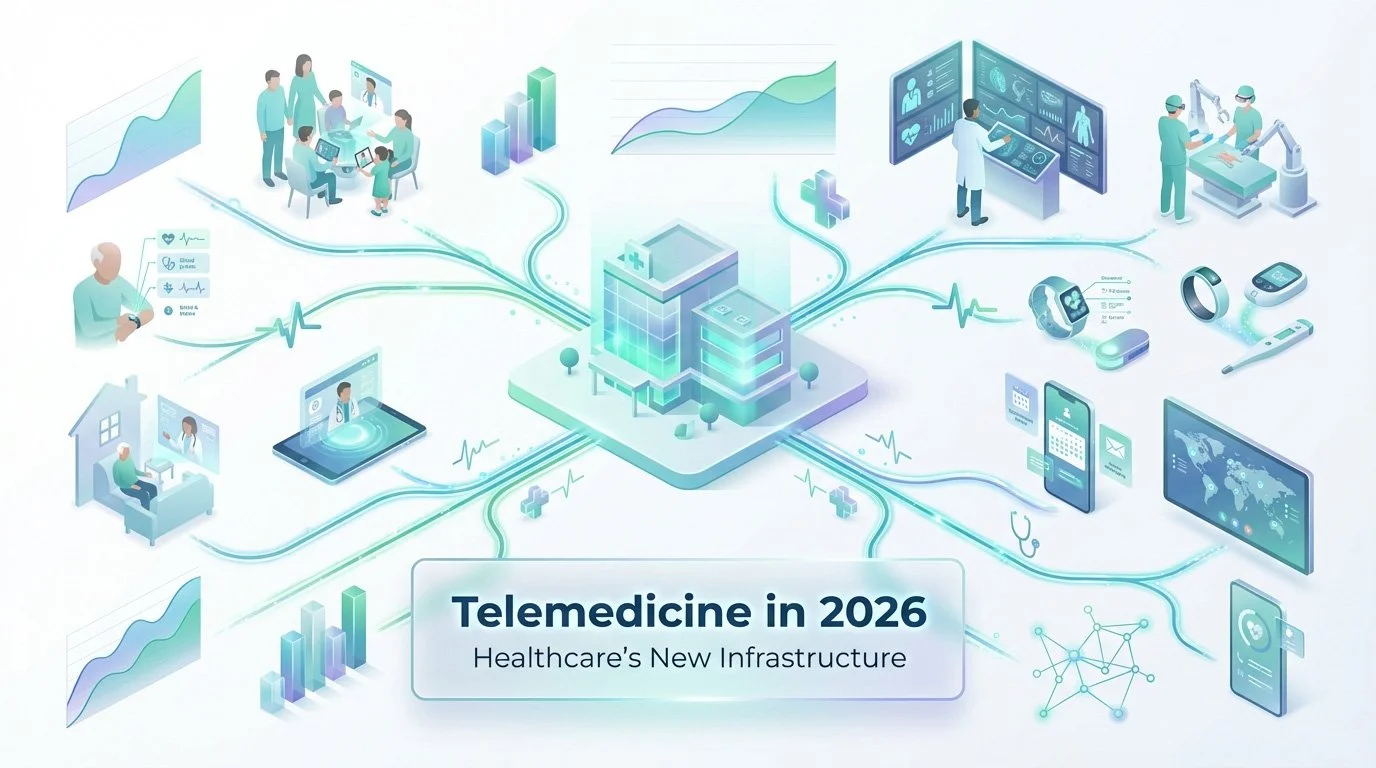 Illustration of telemedicine and healthcare technology concepts featuring doctors, patients, medical devices, and digital health interfaces connected to a central hospital building, with charts, graphs, and global map indicating healthcare data and telemedicine infrastructure for 2026.