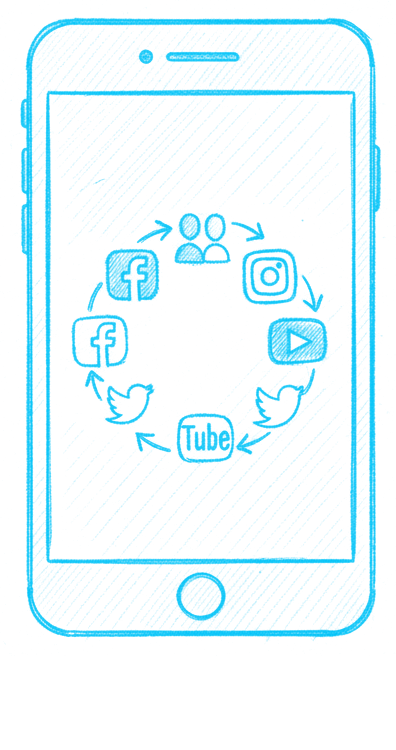 Line drawing of a smartphone with social media icons arranged in a circle on the screen, including Facebook, Instagram, Twitter, YouTube, and others, connected by arrows.