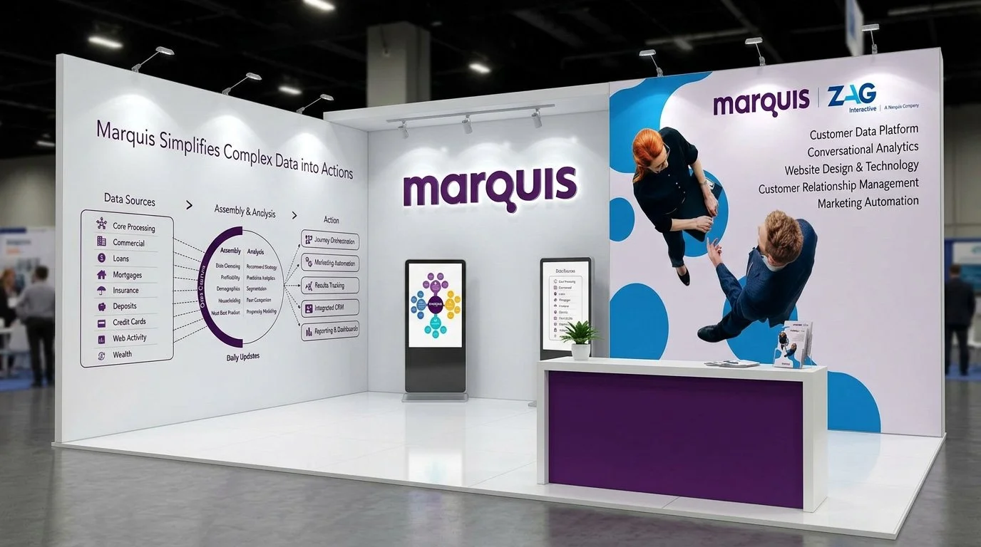 Trade show booth for Marquis presents data solutions, featuring diagrams of data sources, analysis, actions, and updates; displays the Marquis logo and a digital display screen; the booth includes a table with marketing materials and a potted plant; backdrop features images of businesspeople and a list of services.
