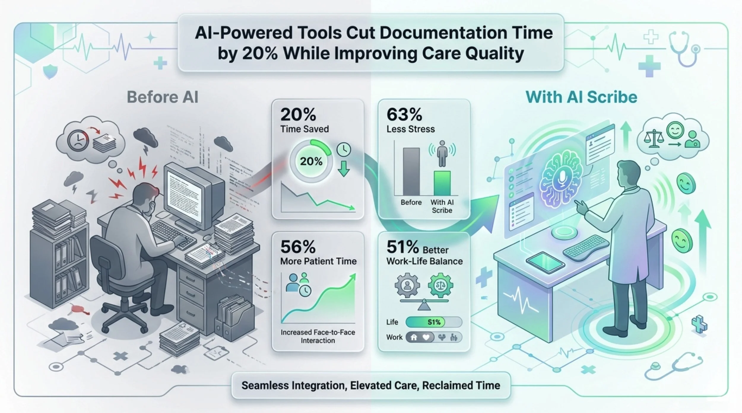 An infographic showing how AI-powered tools reduce documentation time by 20%, decrease stress by 63%, increase patient time by 56%, and improve work-life balance by 51%, comparing before and after AI implementation in healthcare.
