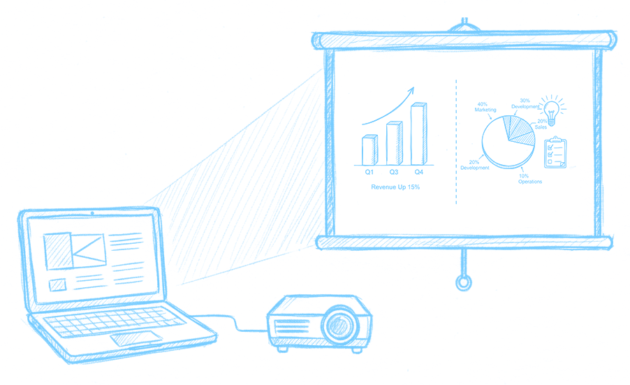 Sketch of a presentation setup with a laptop, a projector, and a screen displaying graphs, a pie chart, an arrow, and icons for sun and battery.