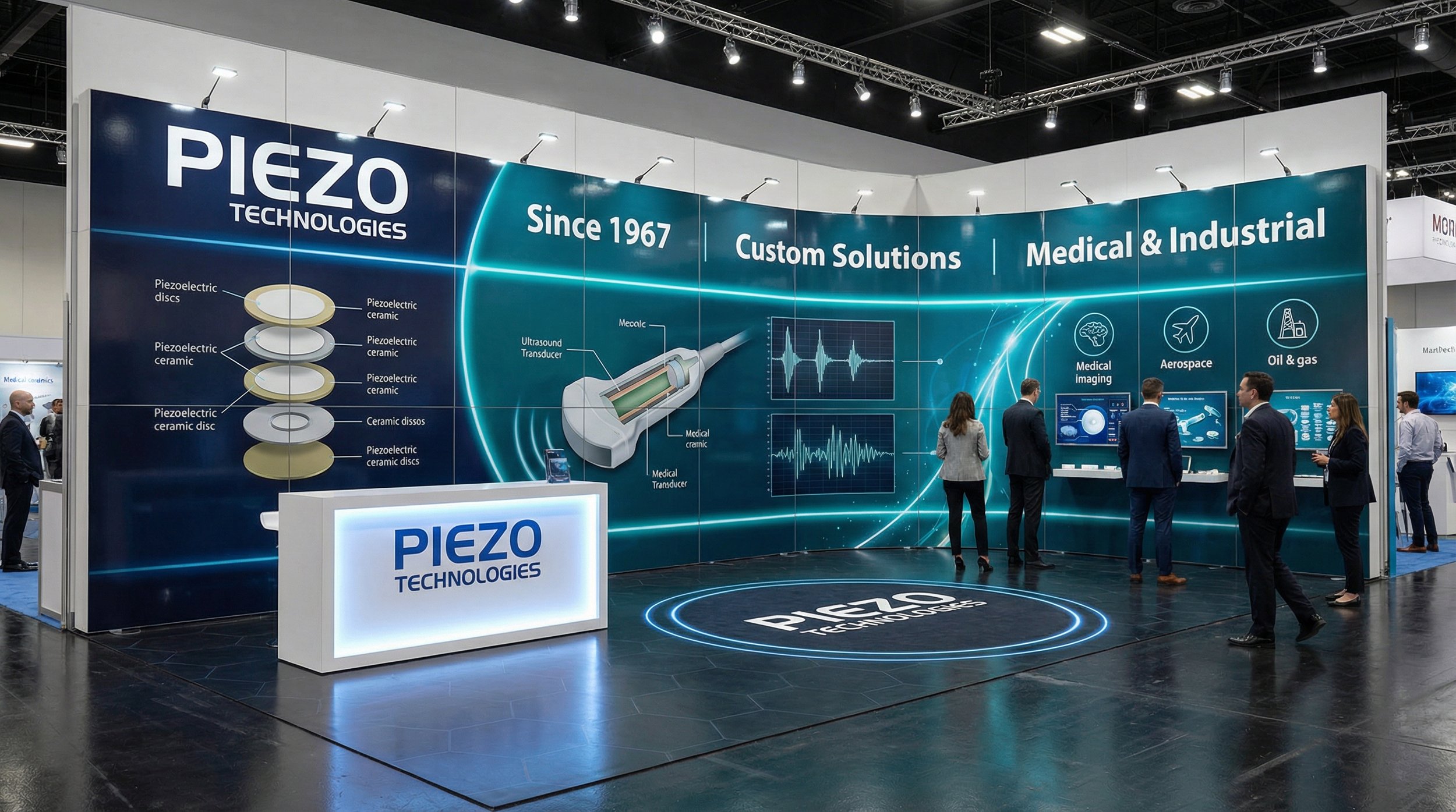 Trade show booth for Piezo Technologies featuring large informative display with diagrams of piezoelectric discs and medical device, people interacting and looking at screens