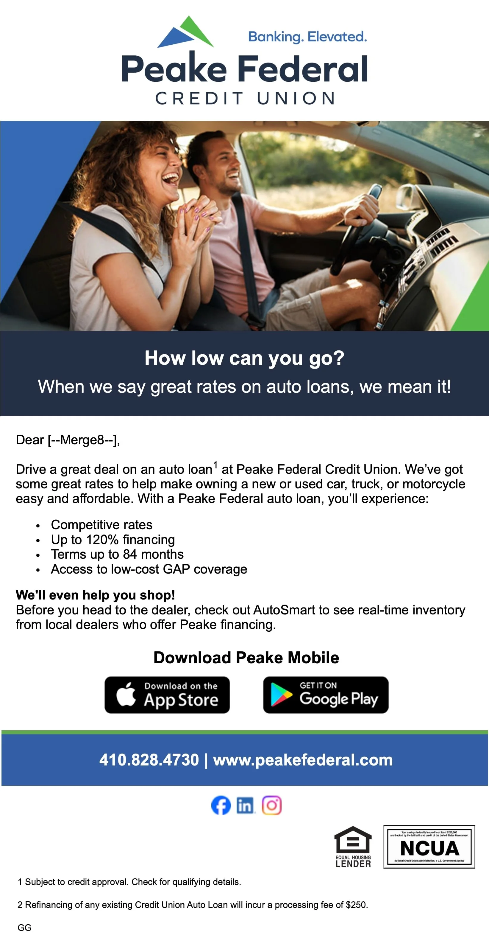 Advertisement flyer from Peake Federal Credit Union promoting auto loans with low rates. Features a couple laughing inside a car, with contact information, social media icons, and download app options.