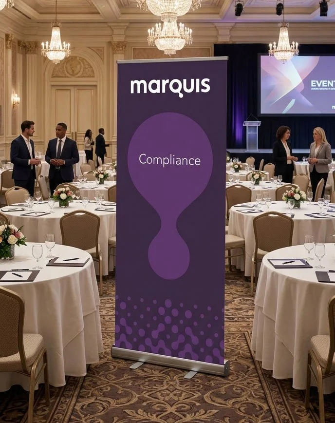 Conference room with round tables set for a meeting, floral centerpieces, and a large purple banner with 'marquis' and 'Compliance' on it.