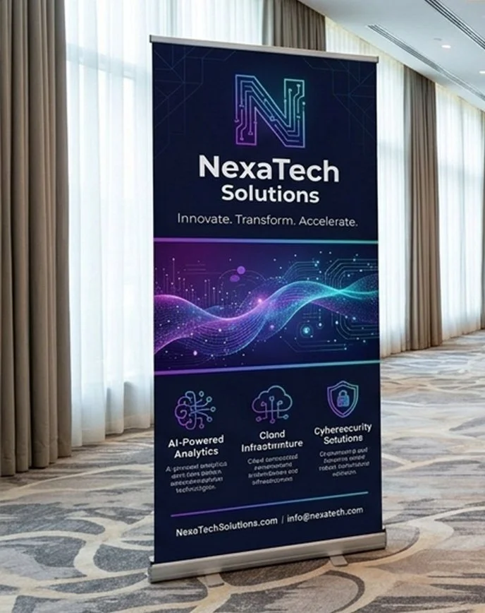 A vertical banner for NexaTech Solutions displaying technology services such as AI-powered analytics, cloud infrastructure, and cybersecurity solutions, with the company's website and contact email at the bottom.