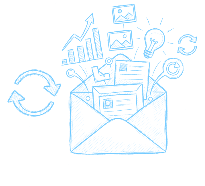 Sketch of an open envelope with emails, photos, a light bulb, and various icons and graphs emerging from it, representing email communication and data sharing.