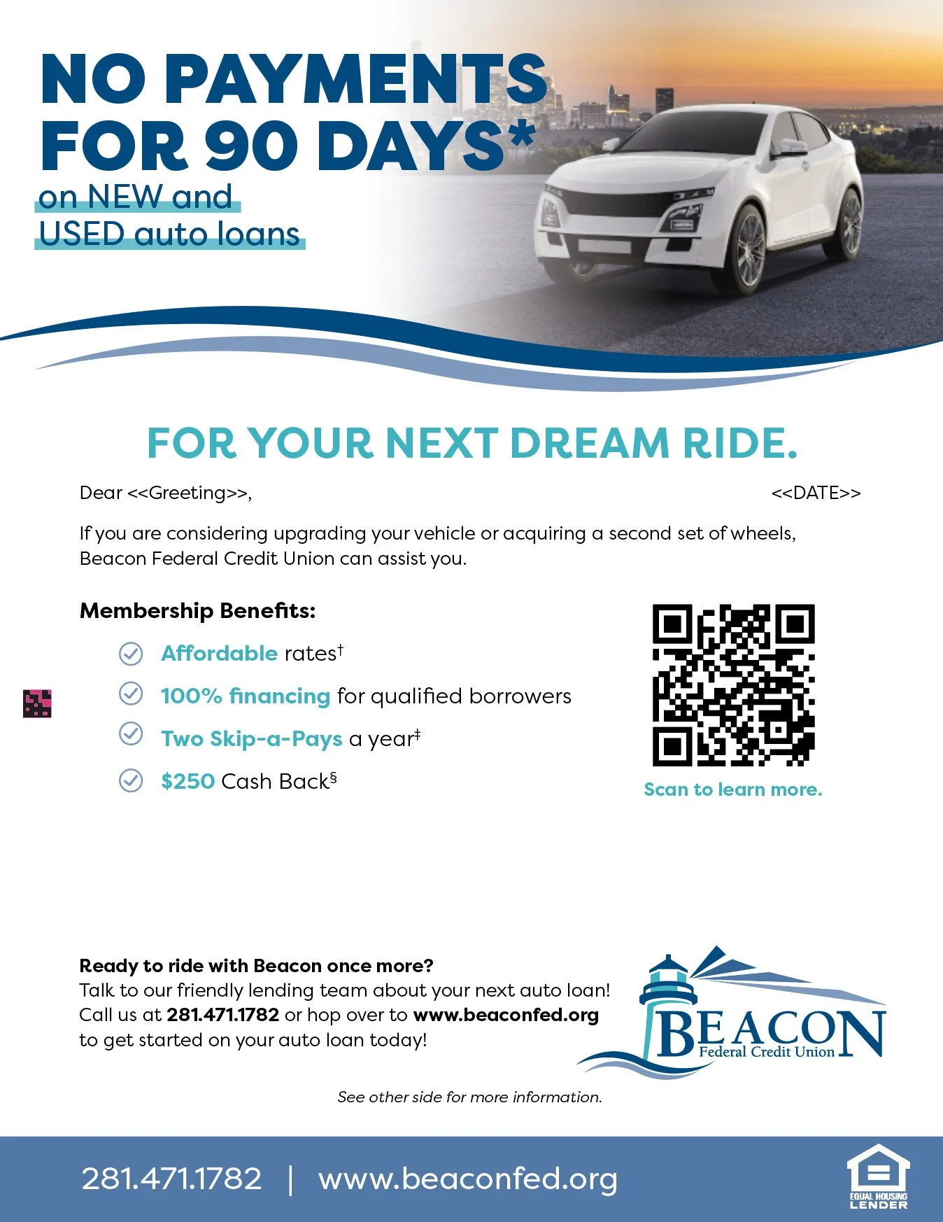 Flyer from Beacon Federal Credit Union advertising auto loans with no payments for 90 days, featuring a white car on a cityscape background, a QR code, and contact information.