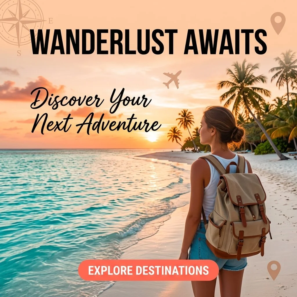 A woman with a backpack looking at a sunset over an ocean with palm trees on the beach.