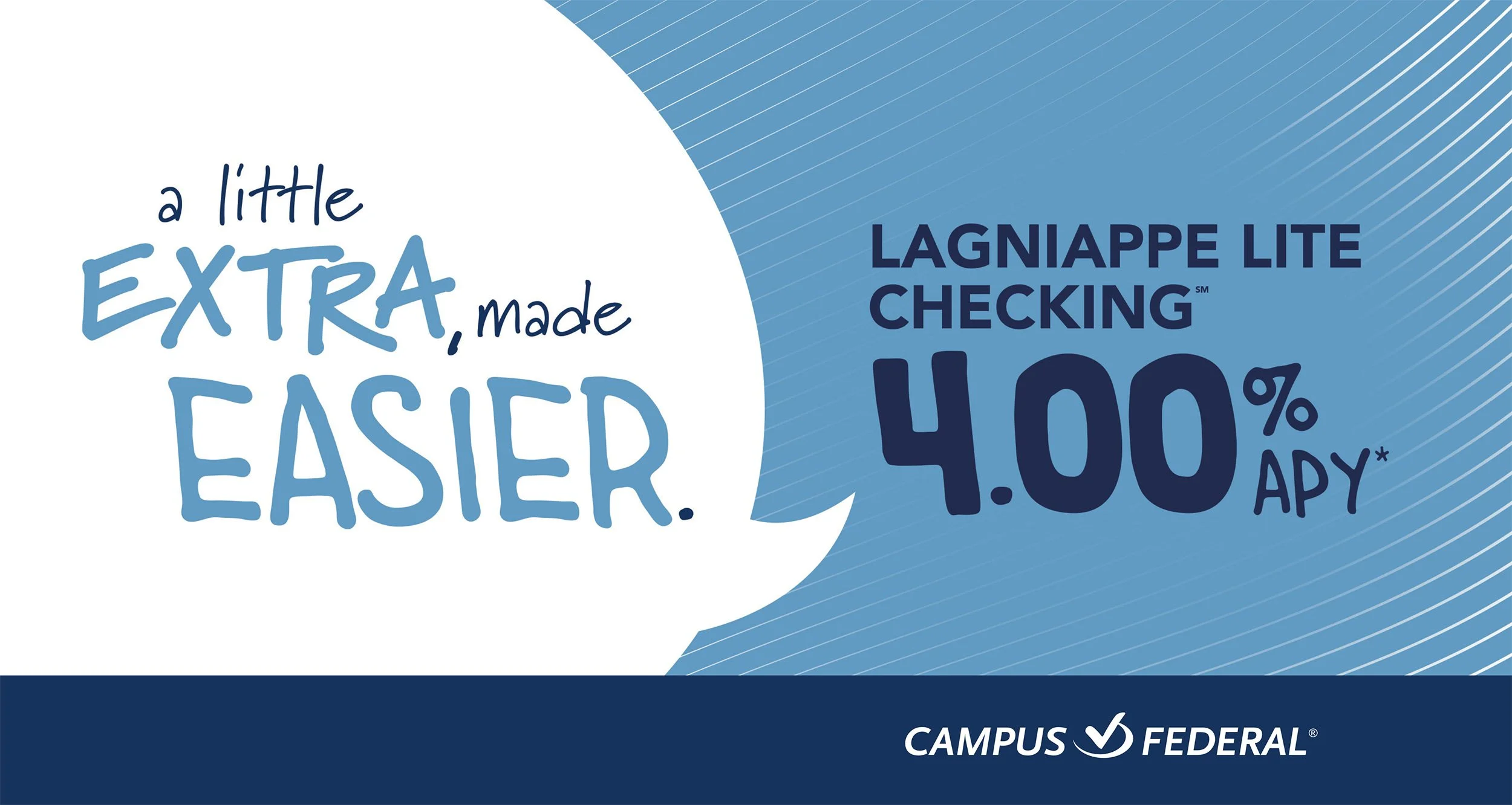 Blue graphic with text promoting a checkup, mentioning Lagniappe Lite Checking with 4.00% APY, and Campus Federal logo at bottom.