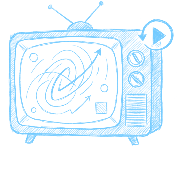 A sketch of a vintage television with an antenna on top, displaying a drawing of a swirling galaxy with an arrow indicating movement, and a play button overlay in the upper right corner.