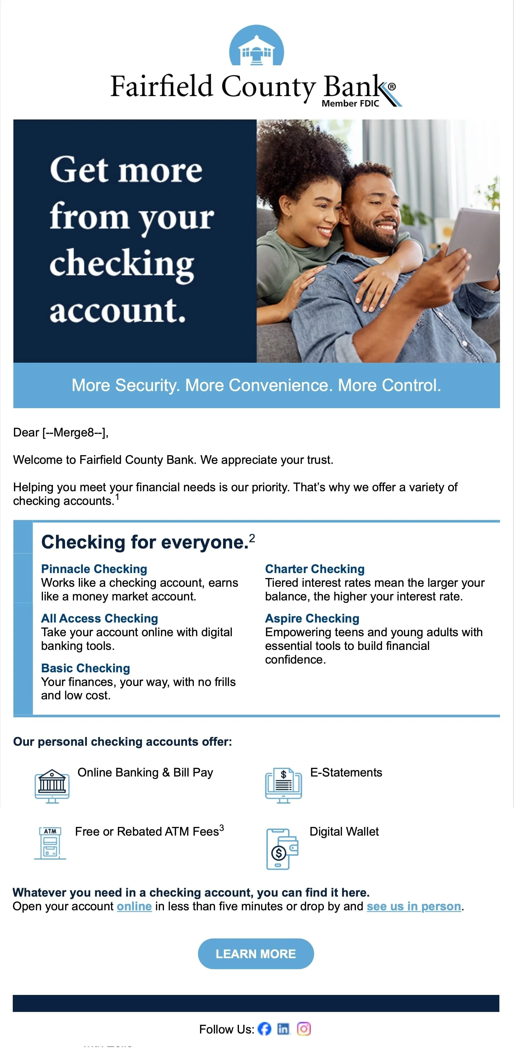 Advertisement for Fairfield County Bank promoting various checking account options and banking services.