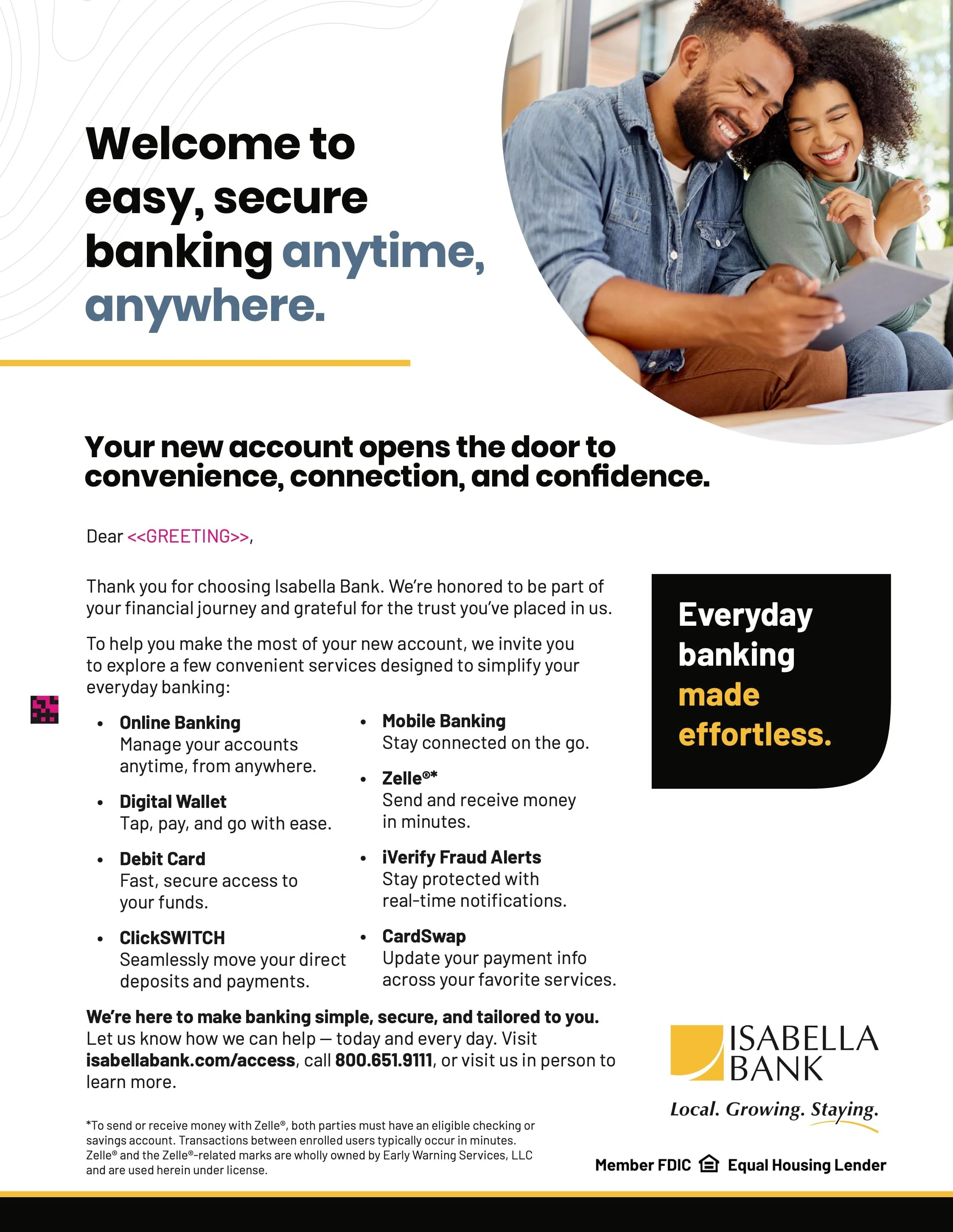 A promotional flyer for Isabella Bank featuring a smiling couple sitting together, looking at a tablet. The flyer highlights easy and secure banking options like online banking, digital wallet, debit card, and mobile banking.