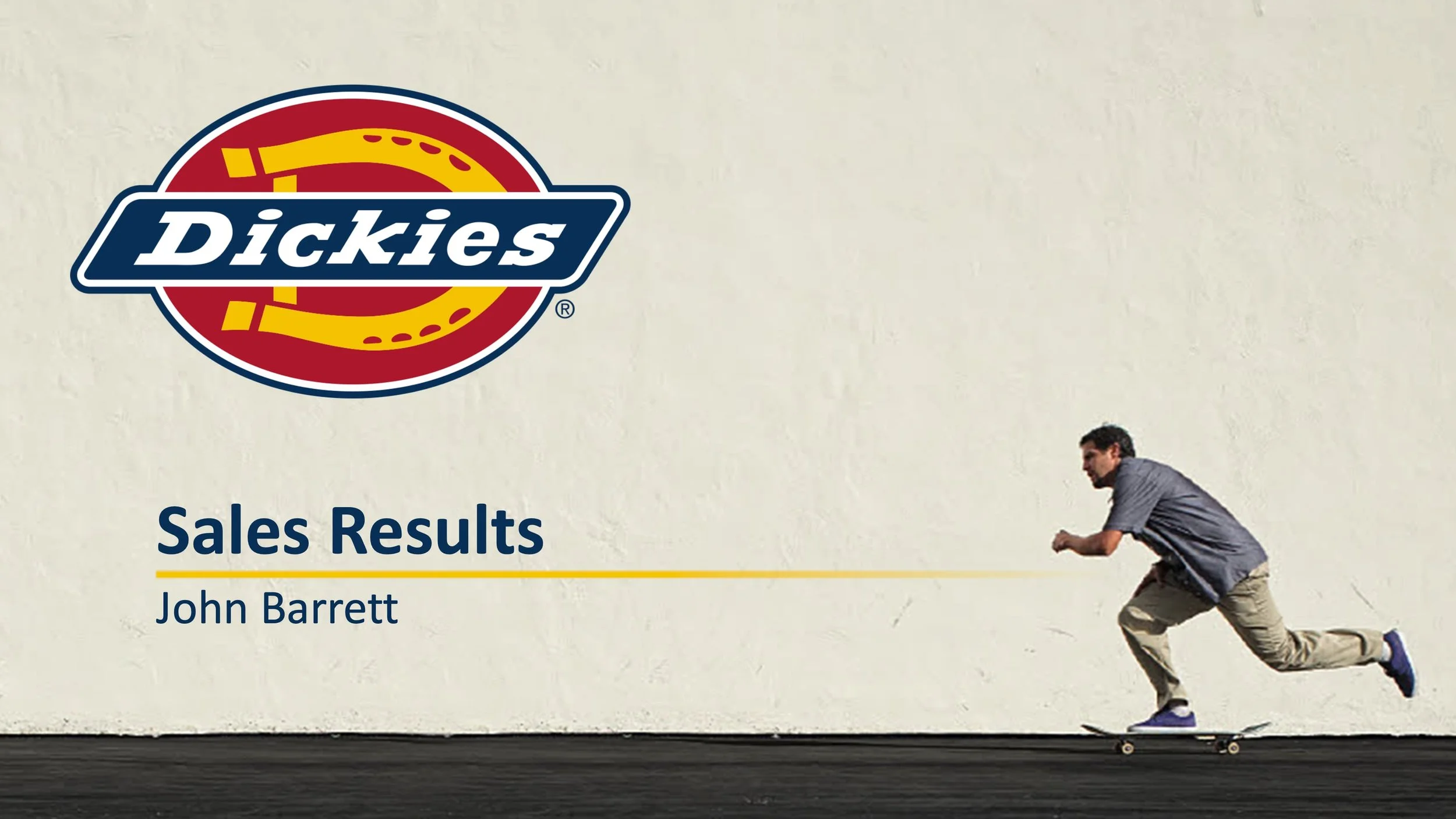A man skateboarding on the street near a plain wall with a large Dickies logo and the words 'Sales Results' and 'John Barrett' written on it.