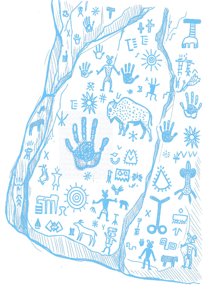 Ancient cave wall with petroglyphs depicting human figures, animals, symbols, trees, and abstract shapes in blue lines on a black background.
