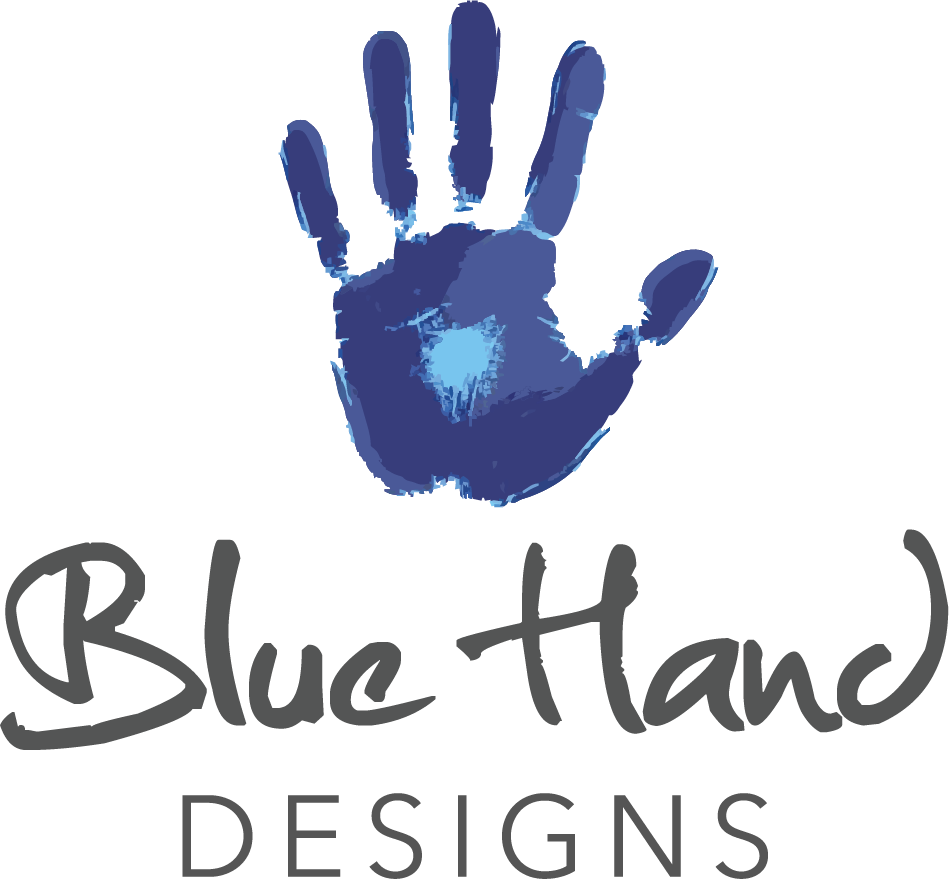 A blue handprint with the words "Blue Hand" written below it, and the word "DESIGNS" underneath in gray letters.
