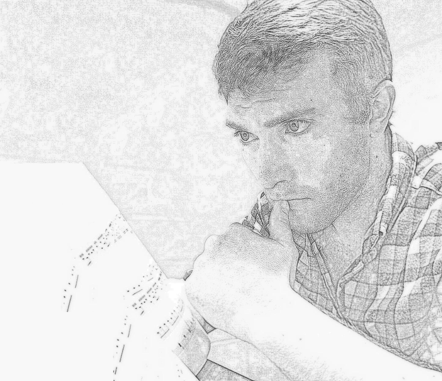 A person with short hair looking thoughtful, with their index finger touching their lips, in a sketch-like black and white drawing.