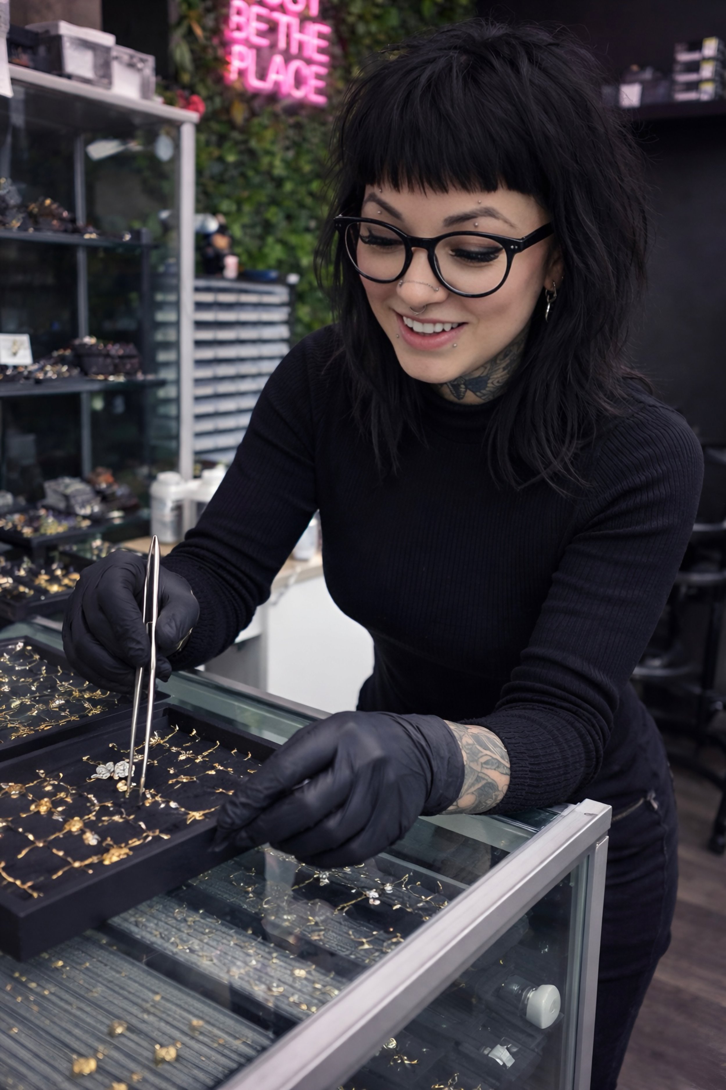A woman with black hair, glasses, and tattoos on her arms is working with gold jewelry inside a glass display case in a jewelry store.