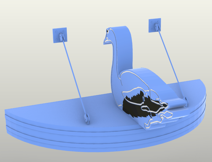 Blue platform with a metal dinosaur sculpture and two support rods attached to the wall.