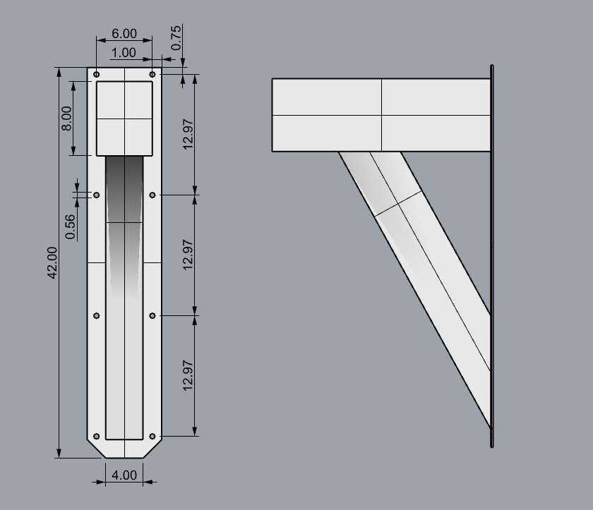 Technical drawing of a rectangular metal bracket with detailed measurements, showing front and side views.