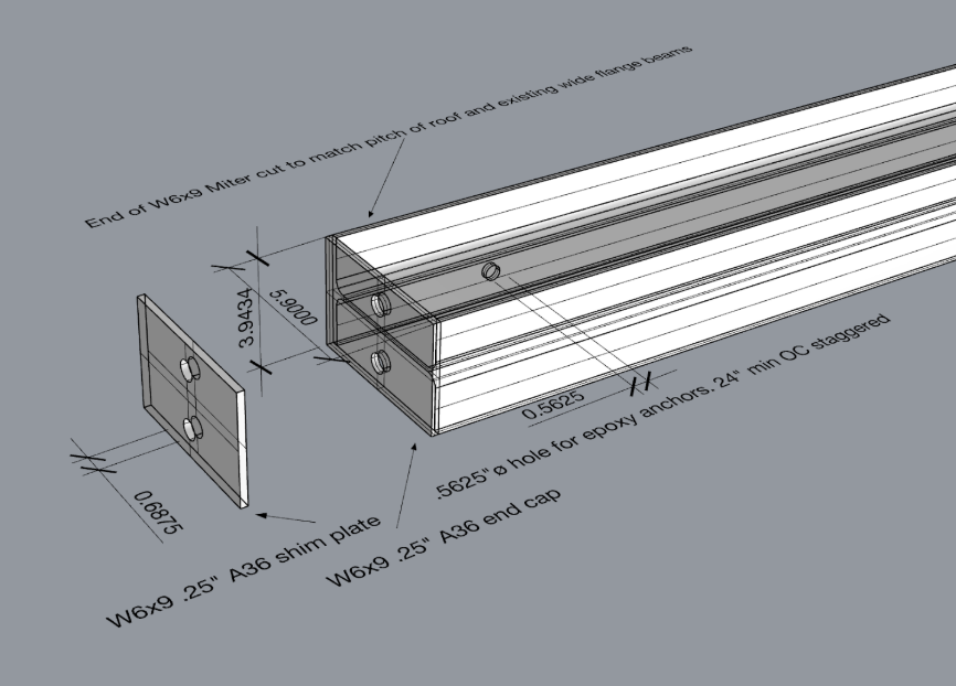 A technical drawing of a metal component with measurements and labels, showing a partially assembled rectangular tube with a separate flat end plate attached with screws, detailing dimensions and assembly instructions.
