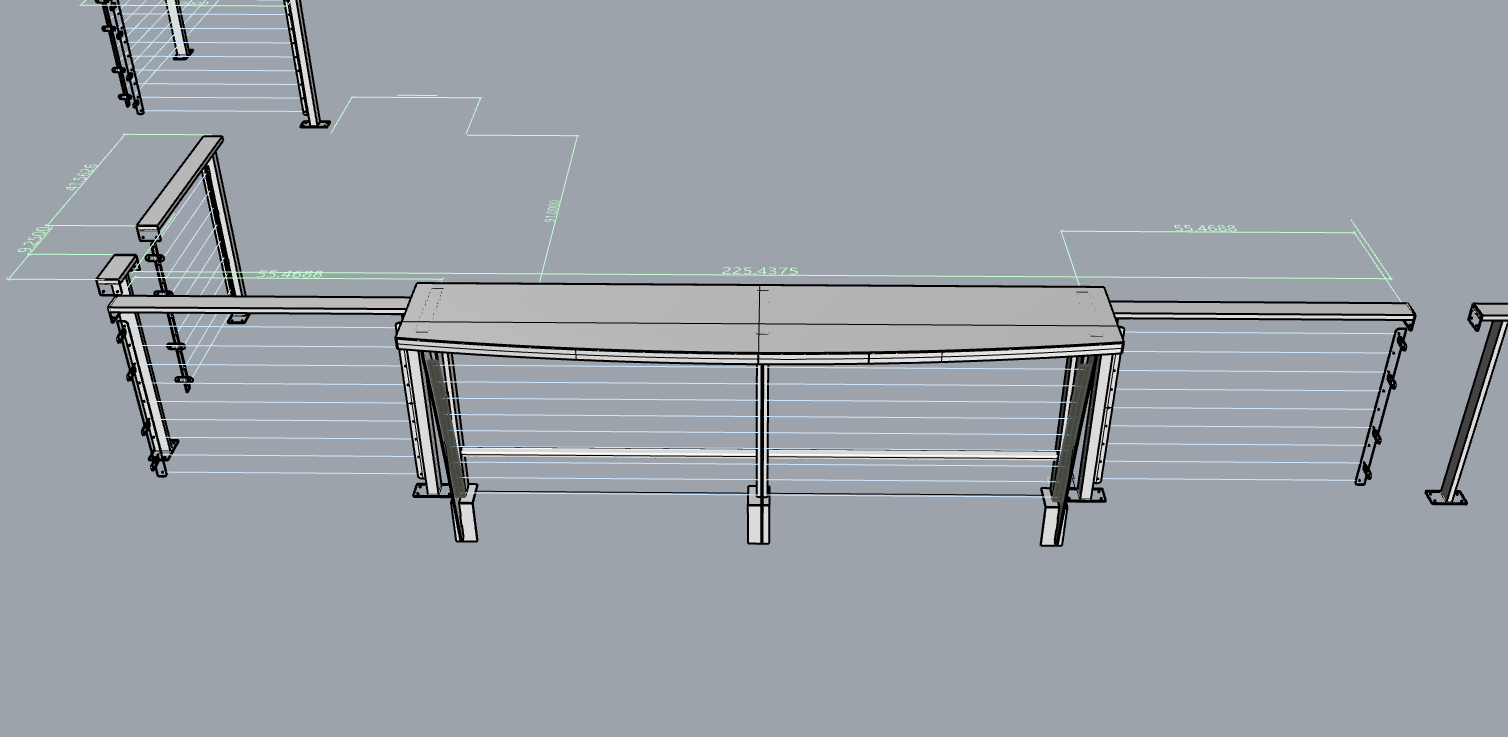 3D CAD model of a metal railing with measurements, including vertical posts, horizontal rails, and a curved top section.